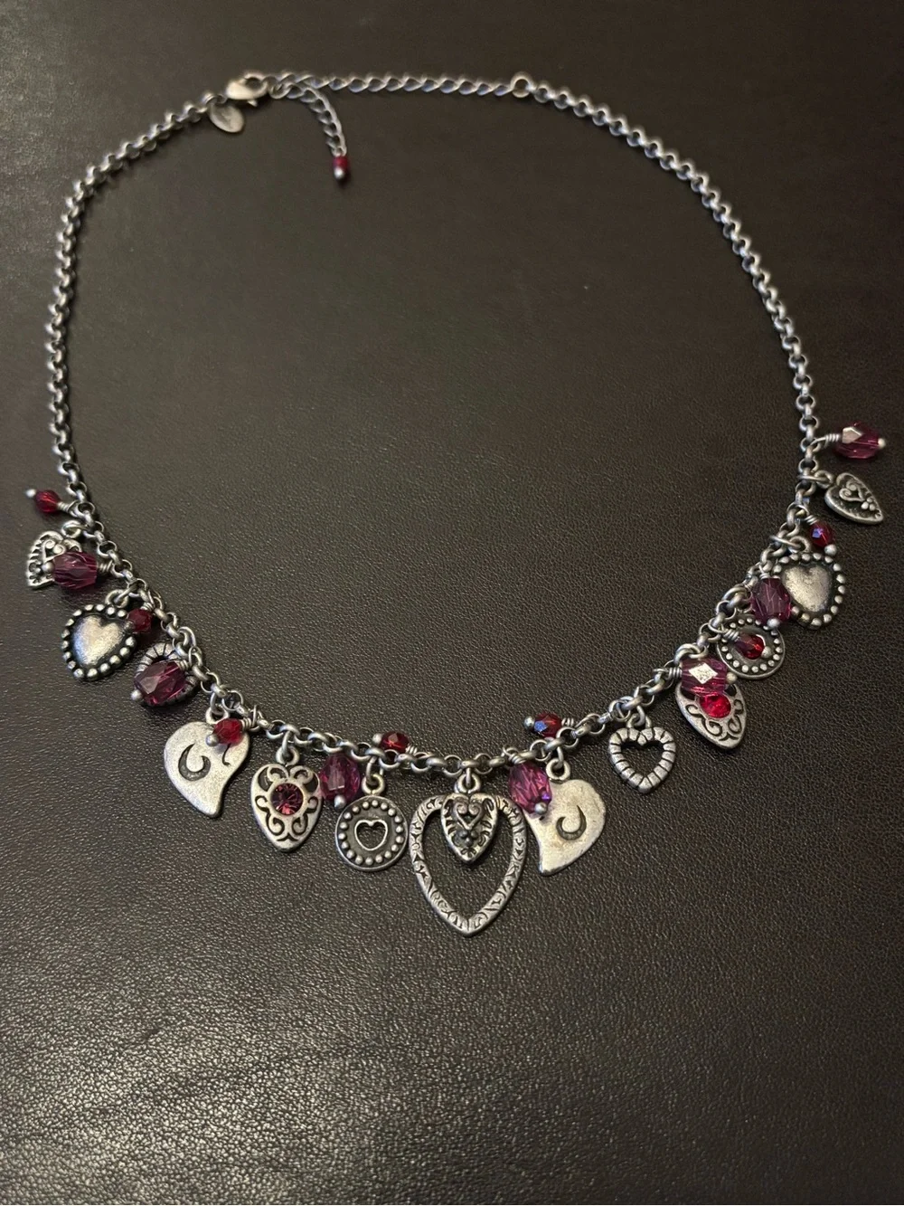 Lia Sophia Silver-Tone Heart Charm Necklace with Ruby Beads - Picture 1 of 4